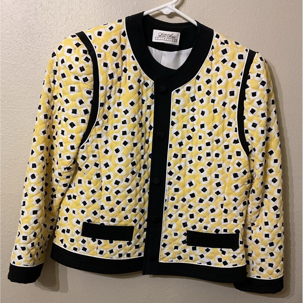 VTG Lilli Ann Collections Yellow Black Diamond Quilted Jacket Mod 80s Geometric